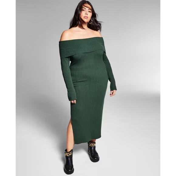 Jeannie Mai Green Dress INC Knit Sweater Dress Off Shoulder Maxi Midi Plus 2X - Picture 12 of 12
